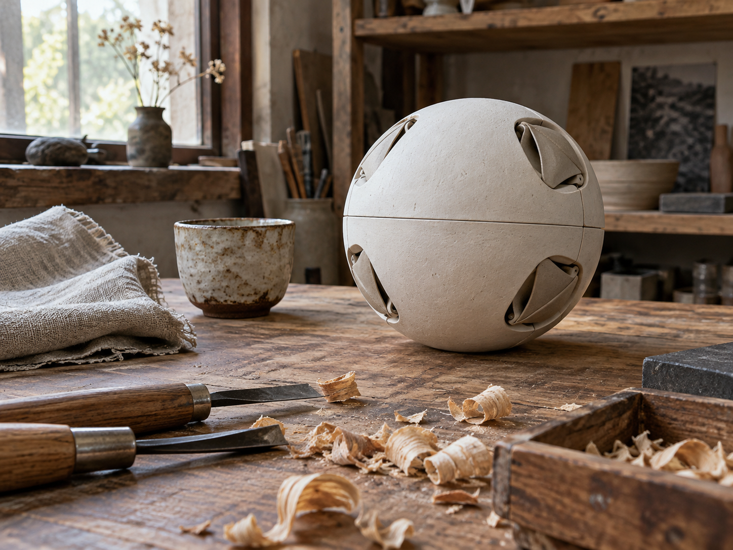 Workshop illustration: cloth, clay cups and a handmade spherical robot shell on a wooden bench